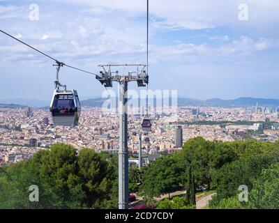 BARCELLONA, SPAGNA-10 LUGLIO 2020: Vista aerea di Barcellona con cabine per funivia. Foto Stock