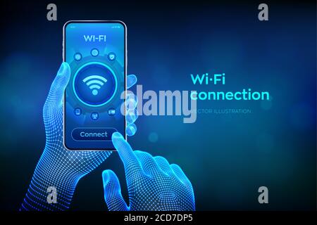 Concetto di connessione wireless Wi Fi. Internet gratuito con tecnologia di segnale di rete WiFi. Smartphone closeup in mani a reticolo. Zona di connessione mobile Illustrazione Vettoriale