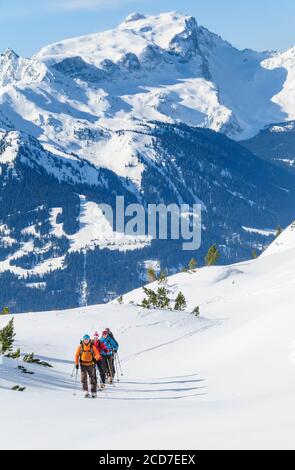 Un gruppo di scialpinisti che salgono in cima alla montagna alpi austriache in una giornata di sole Foto Stock