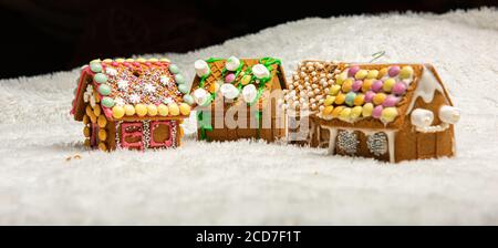 Case di pane di zenzero decorate con cura. Foto Stock