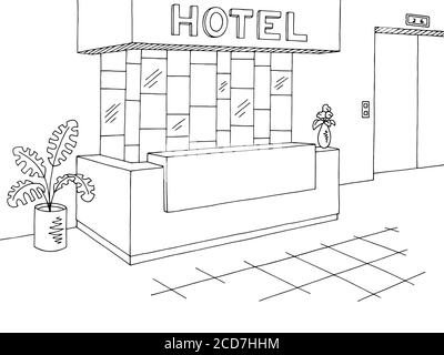 La reception dell'hotel, all'interno della lobby, è raffigurato un grafico in bianco nero che illustra il vettore Illustrazione Vettoriale