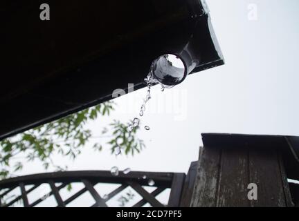 Gocce di pioggia che cadono dal gocciolatoio del tetto. Pioggia nella stagione autunnale. Grandi gocce d'acqua. Foto Stock