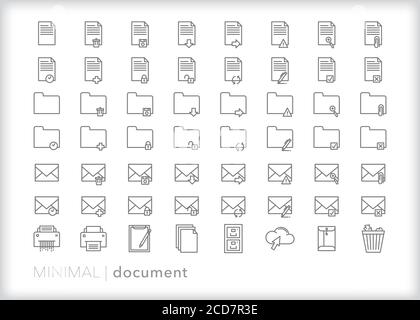 Set di 56 icone per la creazione, l'invio e la gestione di documenti elettronici, cartelle, e-mail e file Illustrazione Vettoriale