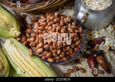 Cibi tipici. Feste di São João. Prelibatezze del mese di giugno. Arachidi, mais verde, popcorn, pinoli e hominy. Divertimento popolare. Rapadura in Foto Stock