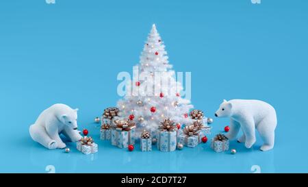 Albero di Natale con orsi polari e regali. Scintillanti luci natalizie illuminate e confezioni regalo. Buon Natale e buon Capodanno biglietto d'auguri. Illustrazione 3D con spazio per la copia. Foto Stock