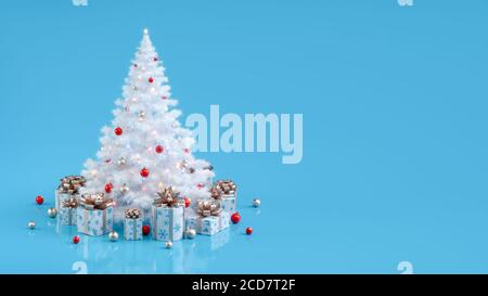 Albero di Natale decorato in bianco con scintillanti luci di Natale illuminate e scatole regalo. Illustrazione di Natale con spazio per la copia. Rendering 3D. Foto Stock
