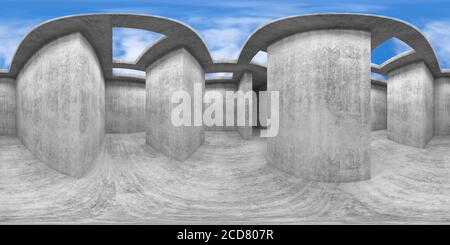 panorama a 360 gradi. Interno abstract vuoto sala, sala espositiva con pareti in cemento e sottili lucernari rettangolari in soffitto, 3D rendere illustrati Foto Stock