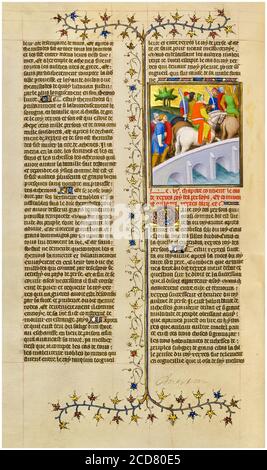 Xerxes i (518-465AC), re dei Persiani attraversa un ponte con il suo esercito, manoscritto illuminato del XV secolo, 1413-1415 Foto Stock