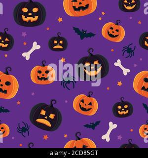 Modello di Halloween con diverse zucche, jack o lanterna spooky, ragni e pipistrelli Illustrazione Vettoriale