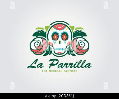 Modello messicano del logo del cranio. Illustrazione vettoriale del logo dei teschi del giorno dei morti o dello zucchero, dei teschi messicani Illustrazione Vettoriale
