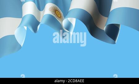 Bandiera argentina sventata su cielo blu per la progettazione di striscioni. Bandiera argentina a onda nazionale isolata su sfondo blu. Festivo modello patriottico di disegno, tem Foto Stock