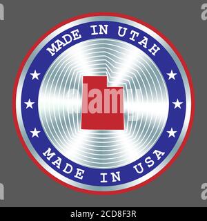 Marchio di produzione locale Made in Utah, adesivo, sigillo, timbro. Segno circolare di ologramma per la progettazione di etichette e il marketing nazionale Illustrazione Vettoriale