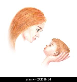 Felice giorno delle madri watercolor biglietto d'auguri modello. Illustrazione disegnata a mano con acquerello. Madre e suo bambino con una silhouette a forma di cuore rosso. Stampa f Foto Stock