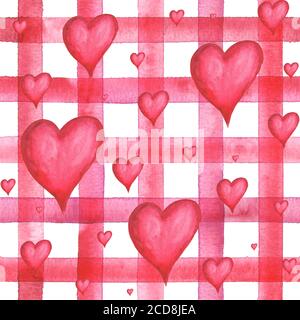 Sfondo vintage con cuori rossi acquerelli su strisce rosse motivo senza cuciture. Acquerello dipinto a mano a strisce vecchio grunge texture. Stampa per te Foto Stock