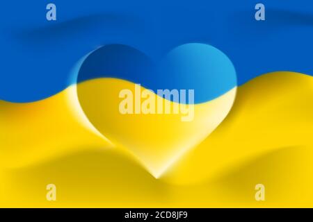 Ucraina con amore. Bandiera nazionale Ucraina con onde a forma di cuore. Forma del cuore, illustrazione vettoriale. Sfondo a colori della bandiera ucraina Illustrazione Vettoriale