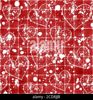 Sfondo vintage con cuori rossi acquerelli su strisce rosse motivo senza cuciture. Acquerello dipinto a mano a strisce vecchio grunge texture. Stampa per te Foto Stock