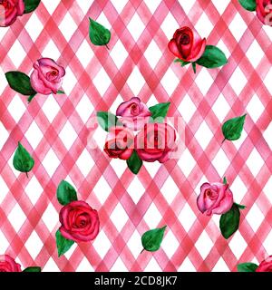 Sfondo con rose rosa rosso acquerello su strisce rosse motivo plaid senza cuciture. Acquerello dipinto a mano a strisce vecchio grunge texture. Stampa per textil Foto Stock