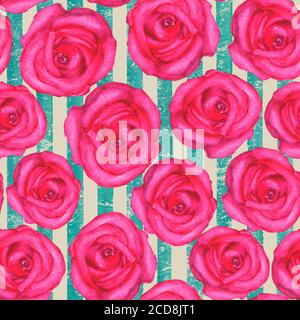 Sfondo vintage con rose rosso rosa acquerello su righe turchesi teali motivo senza cuciture. Acquerello dipinto a mano a strisce vecchio grunge texture. PRI Foto Stock
