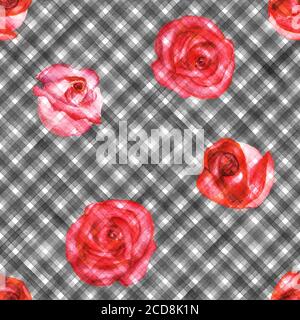 Sfondo con rose rosa rosso acquerello su strisce nere e bianche motivo senza cuciture plaid. Tessuto in gingham a righe verniciato a mano con acquerello. Stampa f Foto Stock
