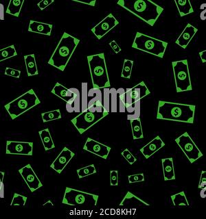 Simbolo di banconota verde in stile piatto. Illustrazione dello sconto del dollaro in contanti su sfondo nero. Bolletta per banconote, modello senza giunture, business conc Foto Stock