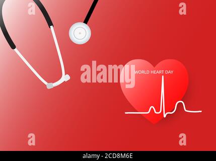 Mondo cuore giorno sfondo. Illustrazione vettoriale di cuore, elettrocardiogramma e stetoscopio su sfondo rosso. Illustrazione Vettoriale