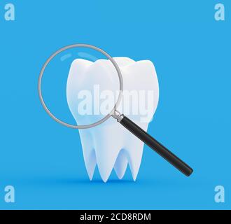 Dente sotto una lente di ingrandimento su sfondo blu. Ricerca e diagnosi del concetto di malattie dei denti. illustrazione 3d Foto Stock