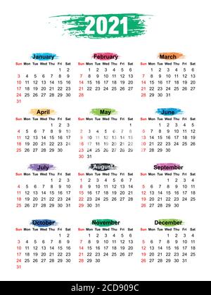 Semplice layout del calendario per 2021 anni. La settimana inizia dalla domenica Illustrazione Vettoriale