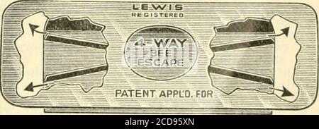 . Gleanings nella coltura delle api . Scrivici per il catalogo. BEKEEPERSSUPPLIES il genere che volete e le api di KindThat bisogno abbiamo un buon assortimento in stock di ape sup-plies che sono principalmente necessari in ogni apiary.The A. I. Root Co.s marchio. Sentiamo da yciu; mfdi-miiion dato a tutte le inchieste. Api-cera ha voluto per forniture o contanti. High Hill, Montgomery Co., Mo, LEWIS 4-WAY APE FUGGE. Versare le uscite dalle super. Per tutte le schede standard.molle in acciaio copperato. In materiale metallico. Prezzo per ogni 18c prepagato. Realizzato dalla DITTA G. B. LEWIS. Watertown, Wisconsin., U. S. A. per Foto Stock