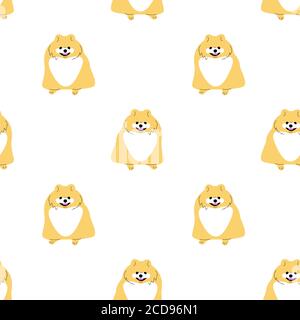 Ripetete il motivo senza giunture con i graziosi cani spitz pomeraniani in stile piatto su sfondo bianco. Vettore stock Illustrazione Vettoriale