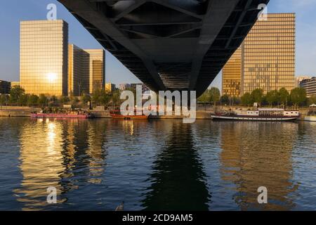 Francia, Parigi, le rive della Senna Bibliotheque Nationale de France (Biblioteca Nazionale di Francia) dall'architetto Dominique Perrault visto da sotto il ponte pedonale Simone de Beauvoir dall'architetto Dietmar Feichtinger Foto Stock