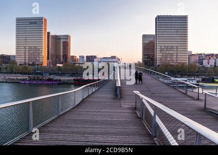 Francia, Parigi, le rive della Senna Bibliotheque Nationale de France (Biblioteca Nazionale di Francia) dall'architetto Dominique Perrault visto dal ponte pedonale Simone de Beauvoir dall'architetto Dietmar Feichtinger Foto Stock