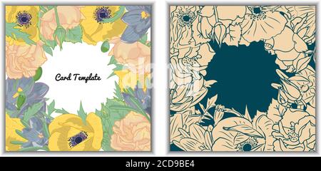 Modello quadrato con cornice colorata in fiori di crocus disegnata a mano. Vettore Illustrazione Vettoriale