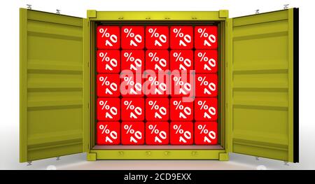 Contenitore riempito con 10% di sconti. Il contenitore di carico aperto giallo riempito con dieci percentuali di sconti su sfondo bianco. Illustrazione 3D Foto Stock