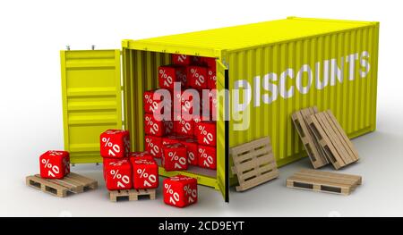 Contenitore con dieci sconti percentuali. Contenitore cargo giallo pieno etichettato con SCONTI per parole bianche e riempito con dieci sconti percentuali Foto Stock
