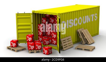 Contenitore con venti sconti percentuali. Contenitore cargo giallo pieno etichettato con SCONTI per parole bianche e riempito con venti sconti percentuali Foto Stock