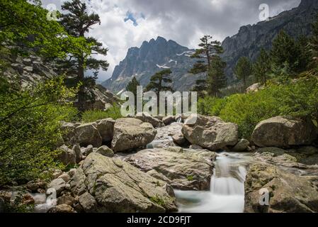 Francia, Haute Corse, Corte, Valle Restonica, il torrente della Restonica verso le guaine del Grottelle e la vetta del Lombardiccio Foto Stock