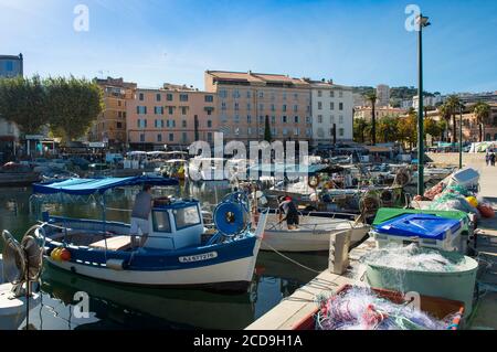 Francia, Corse du Sud, Ajaccio, molte barche da pesca in legno illuminano il porto di Tino Rossi di fronte alle facciate del centro storico Foto Stock