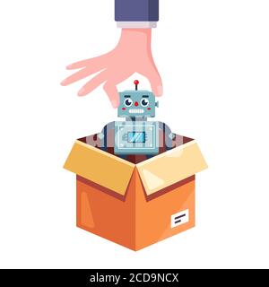 estrarre un robot giocattolo dalla confezione. regalare un regalo al compleanno del bambino. immagine vettoriale piatta isolata su sfondo bianco. Illustrazione Vettoriale