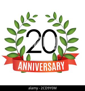 20 anni Anniversary Template con nastro rosso e corona Laurel Illustrazione vettoriale Illustrazione Vettoriale