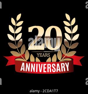 20 anni Anniversary Golden Template con Red Ribbon e Laurel Illustrazione vettoriale wreath Illustrazione Vettoriale