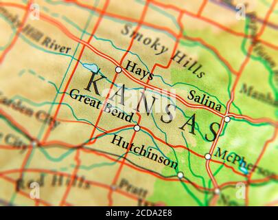 Mappa geografica dello stato degli Stati Uniti del Kansas Foto Stock