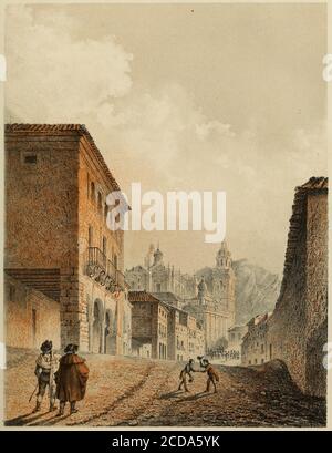 Illustrazione dal libro 'Recuerdos y bellezas de Espana' di Francisco Pi y Margall, con uomini che si salutano in strada, con torri di chiesa sullo sfondo, illustrato da Francisco Javier Parcerisa, pubblicato da Repulles, 1850. Archivio Internet di cortesia. () Foto Stock