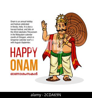 Kerala Onam Festival Mahabali anche kown Maveli in background bianco Con Happy Onam Illustrazione Vettoriale