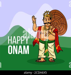 Kerala Onam Festival Mahabali anche kown Maveli in campo verde Con Happy Onam Text Illustrazione Vettoriale