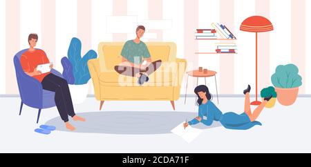 Le persone che si rilassano soggiornano a casa utilizzando il gadget digitale Illustrazione Vettoriale