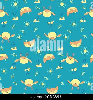 Carino Forest animali senza cuciture modello. La volpe e il cervo. Sfondo per bambini con cartoni animati scandinavi. Design per tessuti, tessuti, decorazioni. Illustrazione di Doodle Vector Illustrazione Vettoriale