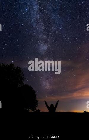 Immagine verticale delle silhouette di una persona che punta a. via lattea nel cielo notturno Foto Stock