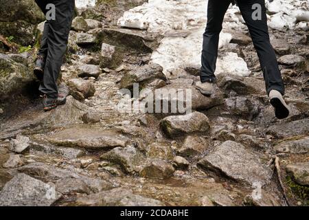 Escursionisti che camminano nella foresta, dettaglio sui loro stivali / scarpe che si stancano su rocce bagnate, alcuni di loro ancora coperto di neve Foto Stock