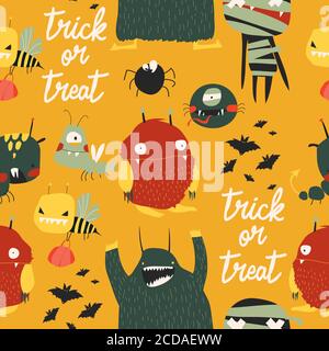 Motivo senza cuciture con simpatici mostri colorati su sfondo giallo Illustrazione Vettoriale