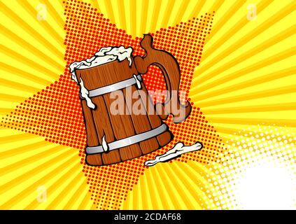 Sfondo vettoriale di colore brillante in stile Pop Art. Illustrazione con una tazza di legno per la birra. Poster per il festival oktoberfest, il festival della birra, la produzione di birra Illustrazione Vettoriale